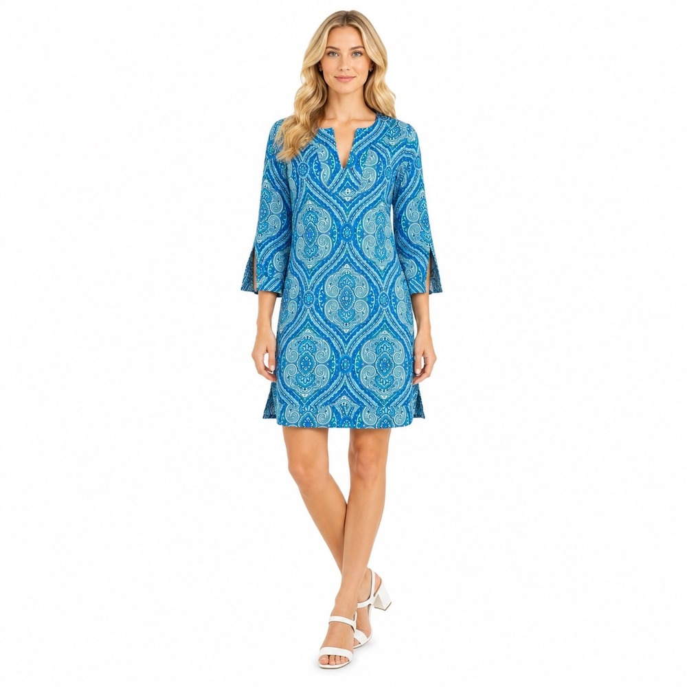 Jude Connally Megan Tunic Shift Dress Blue Medallion Print Preppy 3/4 Sleeve S